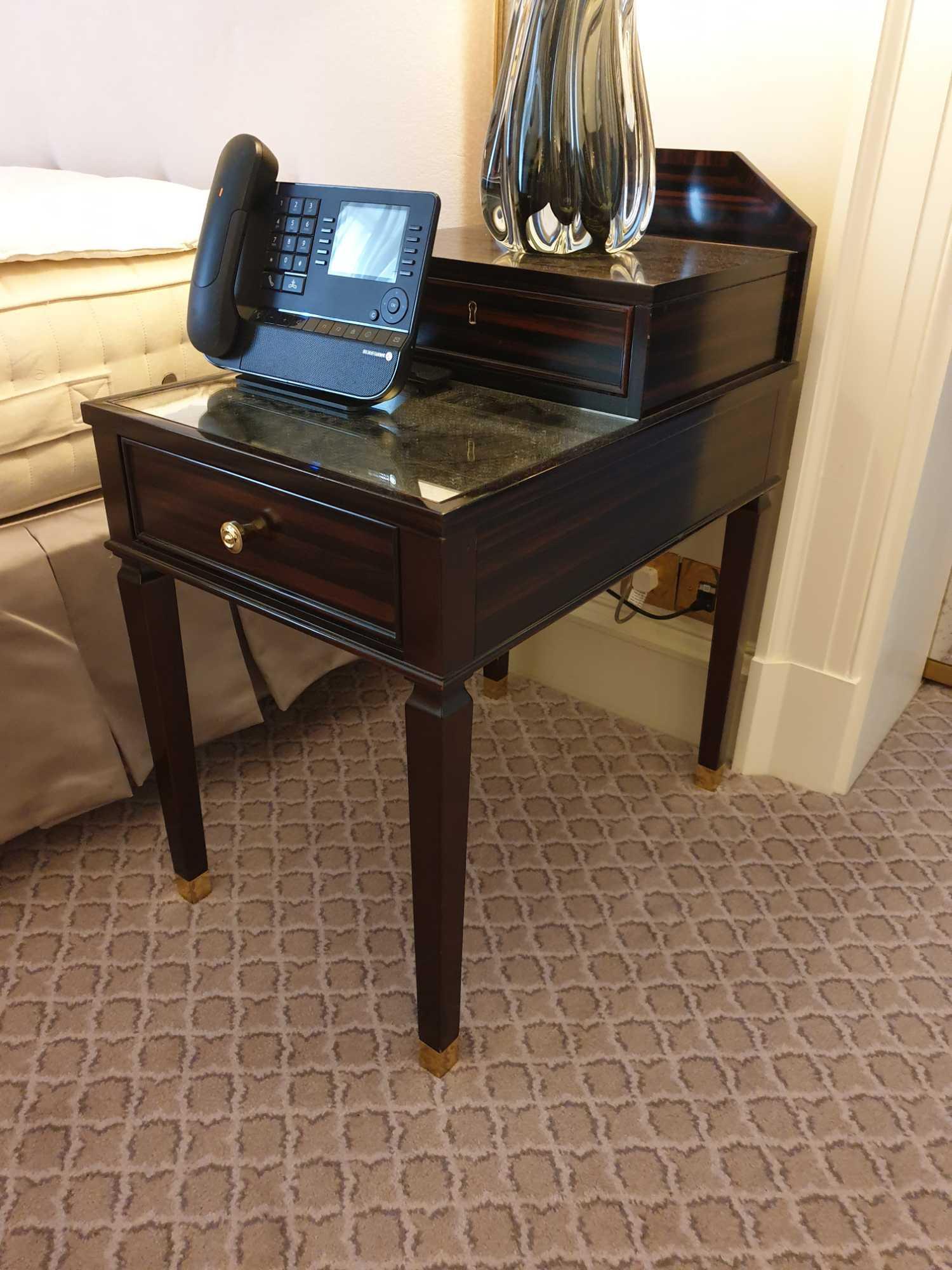 A Pair Of Two Tier Bedside Nightstands With Antiqued Plate Top With Storage Compartments Mounted