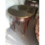 Circular Side Table With Antiqued Plate Top And Brass Trim Mounted On Tapering Legs With Brass