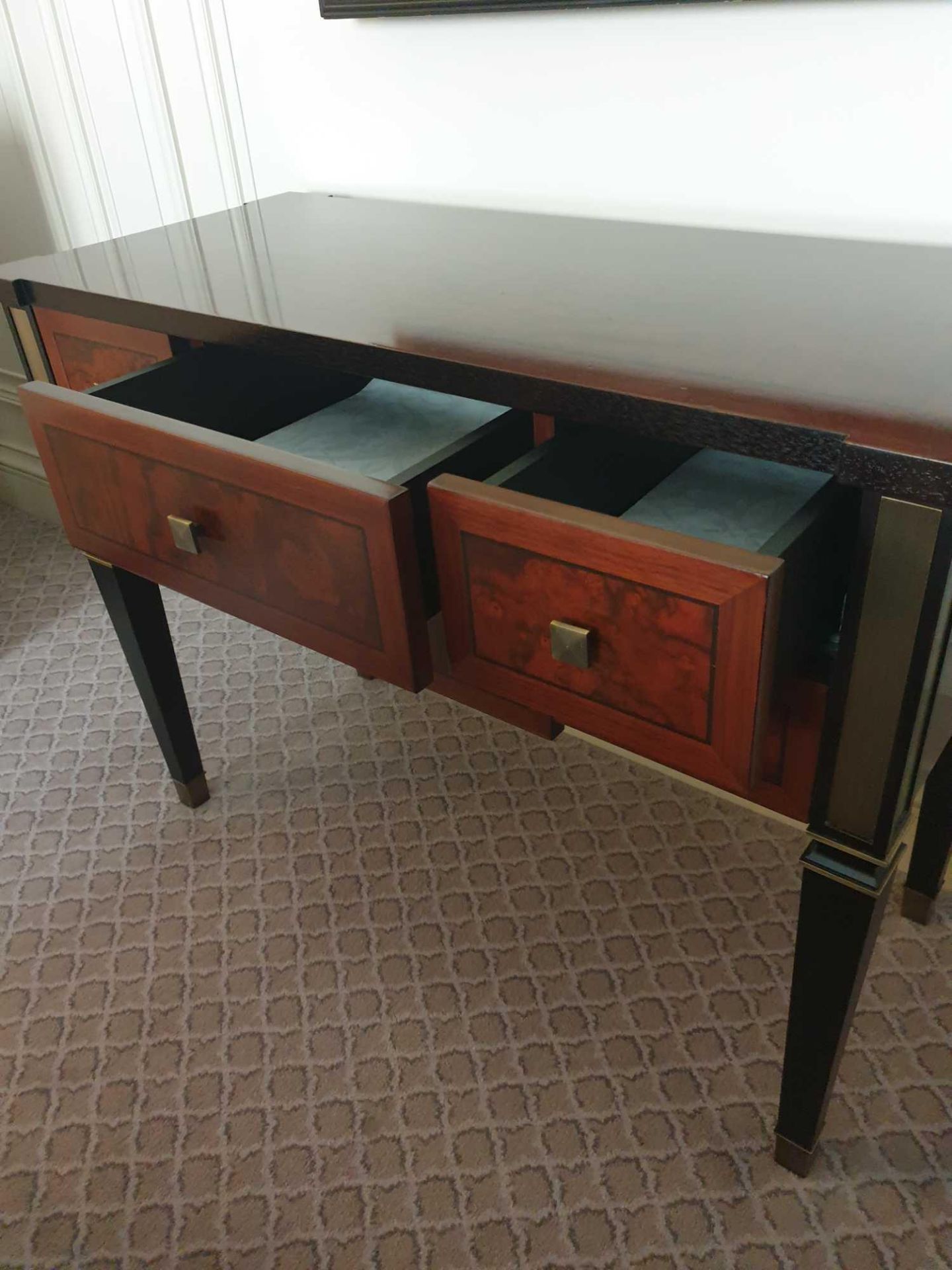 A Burr Mahogany And Gold Trim Hall Table With Two Drawers And A Faux Drawer Mounted On Tapered - Image 4 of 4