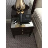 A Pair Of Two Tier Bedside Nightstands With Antiqued Plate Top With Storage Compartments Mounted