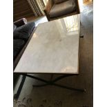 Bevelled White Marble Coffee Table With Bronzed Frame Criss-Cross Style Legs And Pole Stretcher