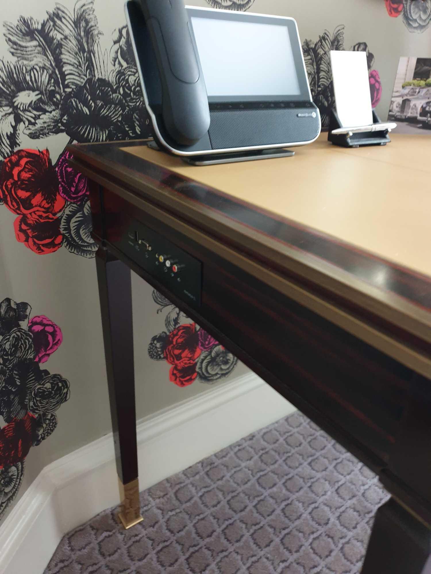 Writing Desk High Gloss Ebony Wood With Tooled Leather Inlay Faux Central Drawer Flanked By Single - Image 4 of 5