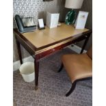 Writing Desk High Gloss Ebony Wood With Tooled Leather Inlay Faux Central Drawer Flanked By Single