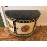 Adam Style Demilune Commode Cabinet With Classical Painted Scenes And Gilded Decoration With