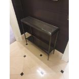 A Forged Metal Two Tier Console Table With Glass Shelves 88 x 24 x 74cm (Room 331) (This lot is