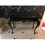 Ebonised Wood Marble Top Console Table The Apron With Shell Mask On Queen Anne Style Legs