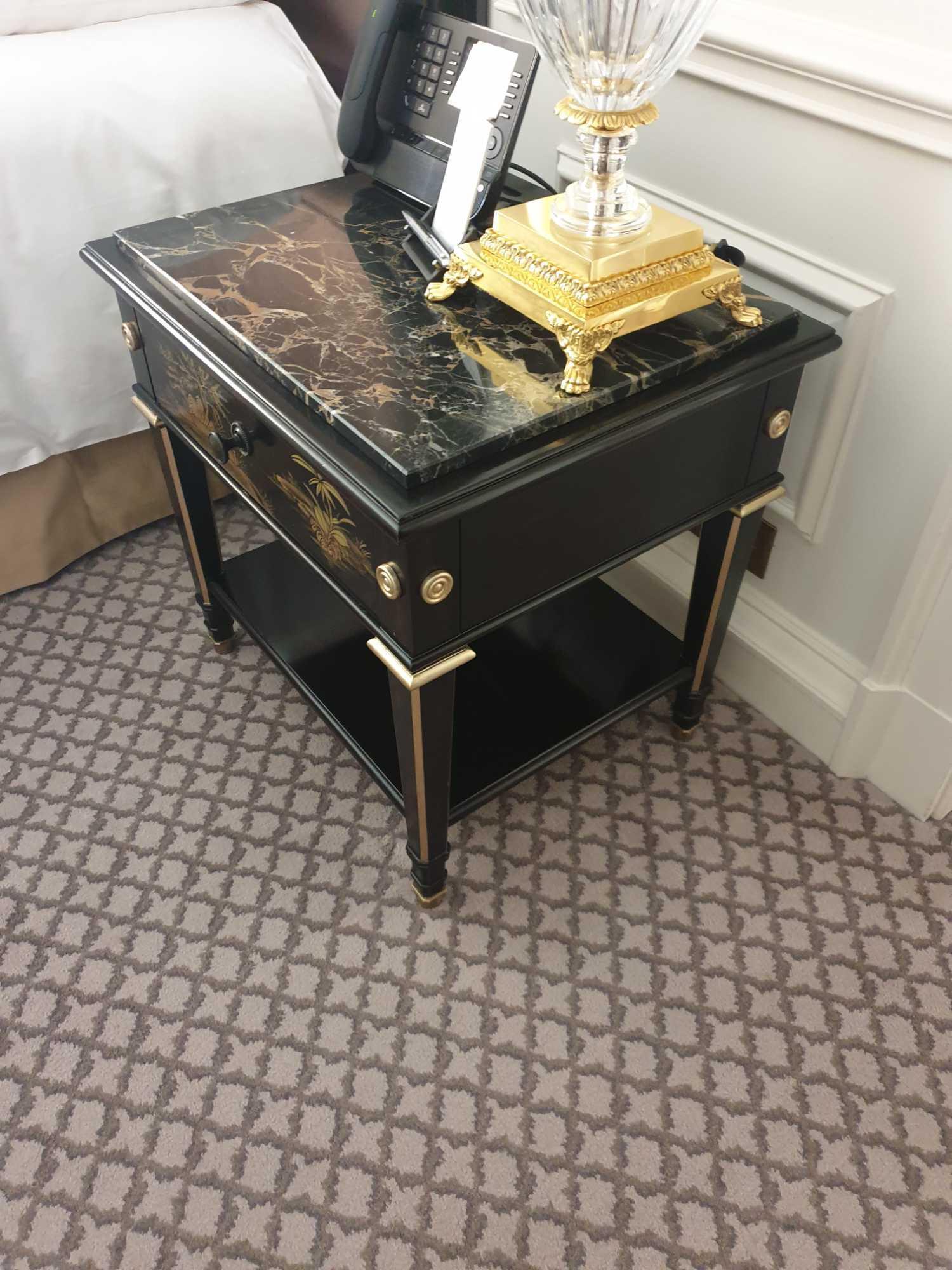 A Pair Of Marble Top Chinoiserie Black Lacquer Nightstands With Single Drawer With Hand Painted - Image 4 of 4