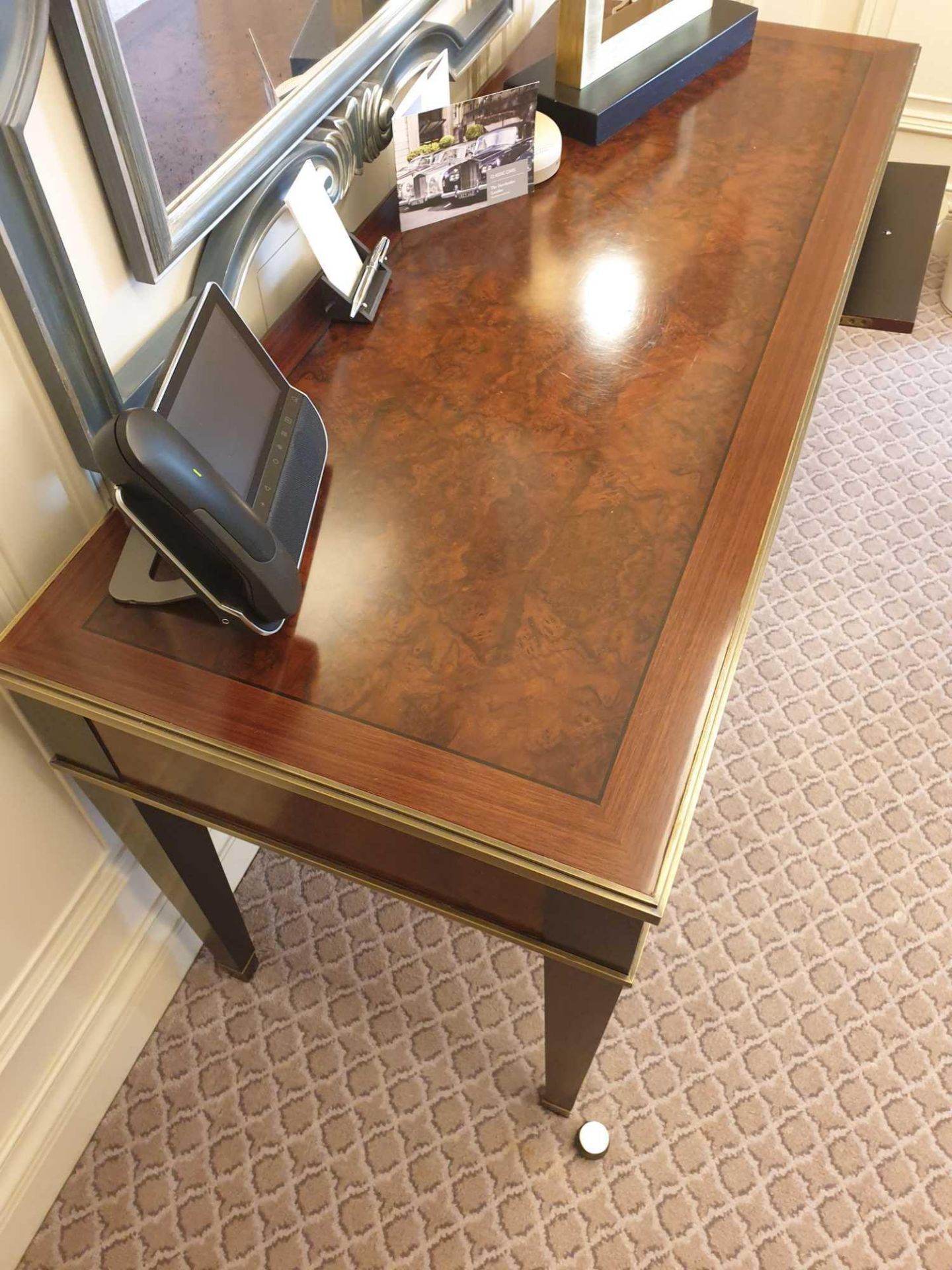 A Kingswood And Rosewood Writing Desk With Brass Trim And Marquetry Inlay Mounted On Four Tapering - Image 3 of 4