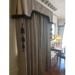 A Pair Of Silk Drapes With Pelmet In Cream And Brown With Tasselled Trim And Two Large Brown