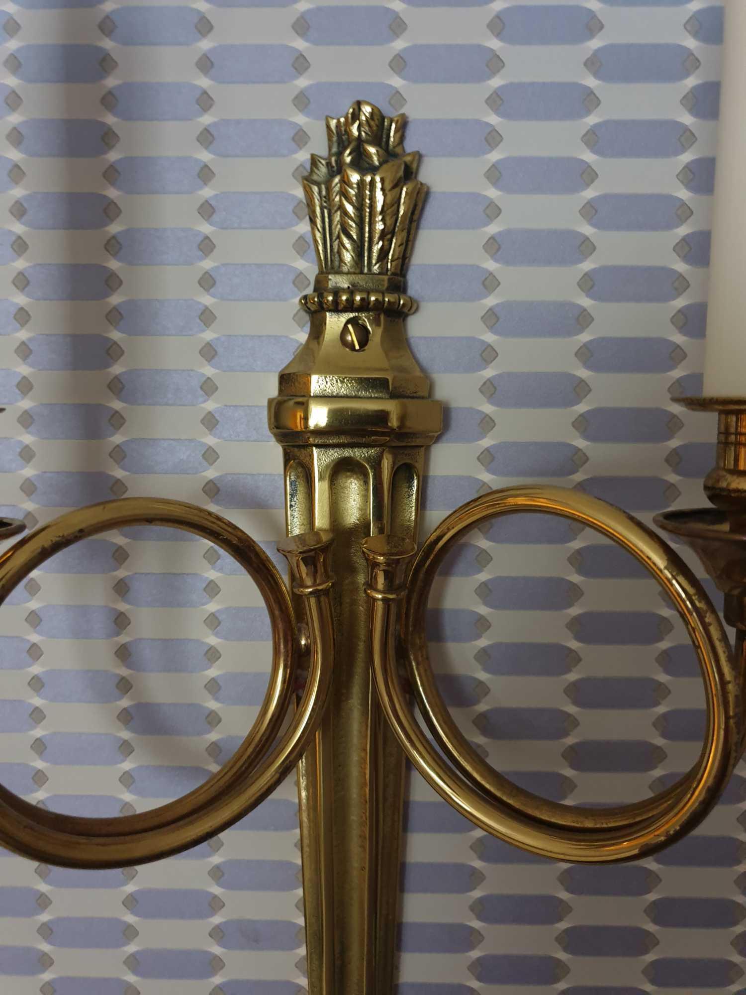 A Pair Of Dore Bronze Dore Twin Arm Wall Sconces, The Scrolling Arms With Trumpet Bobeche Drip - Image 2 of 2