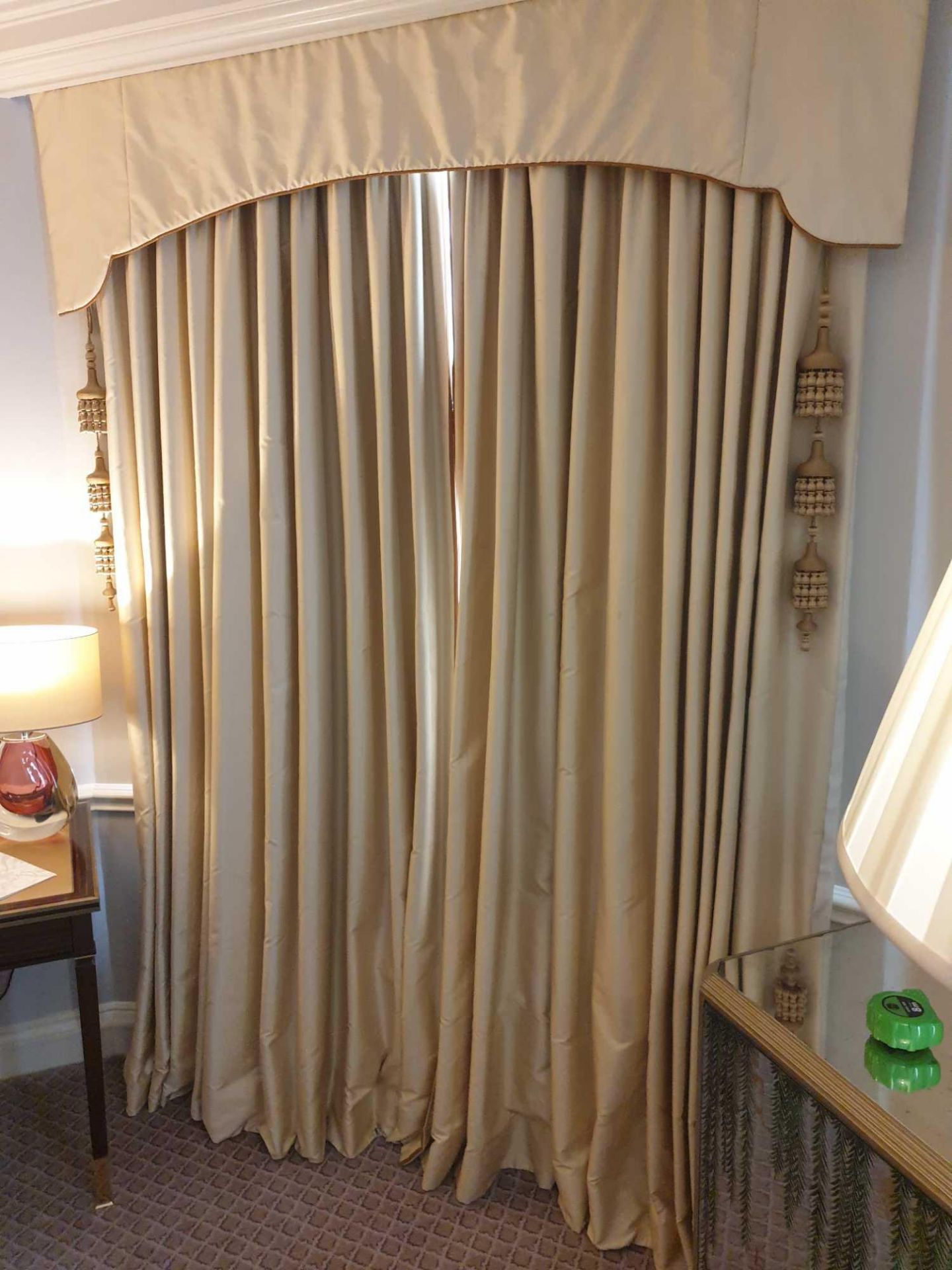 A Pair Of Silk Drapes With Pelmet Copper Trim And Cream Design Style With Oriental Tassel Span 170 x