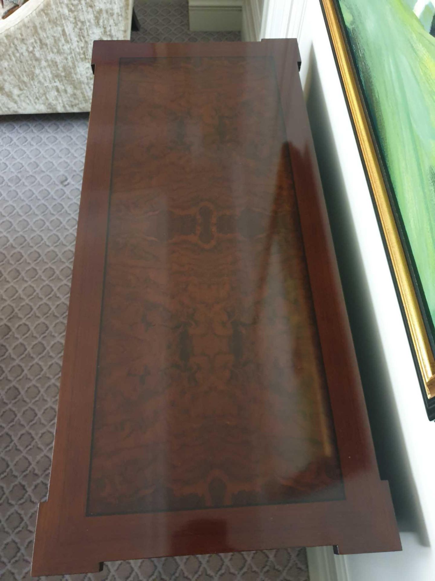 A Burr Mahogany And Gold Trim Hall Table With Two Drawers And A Faux Drawer Mounted On Tapered - Image 3 of 4