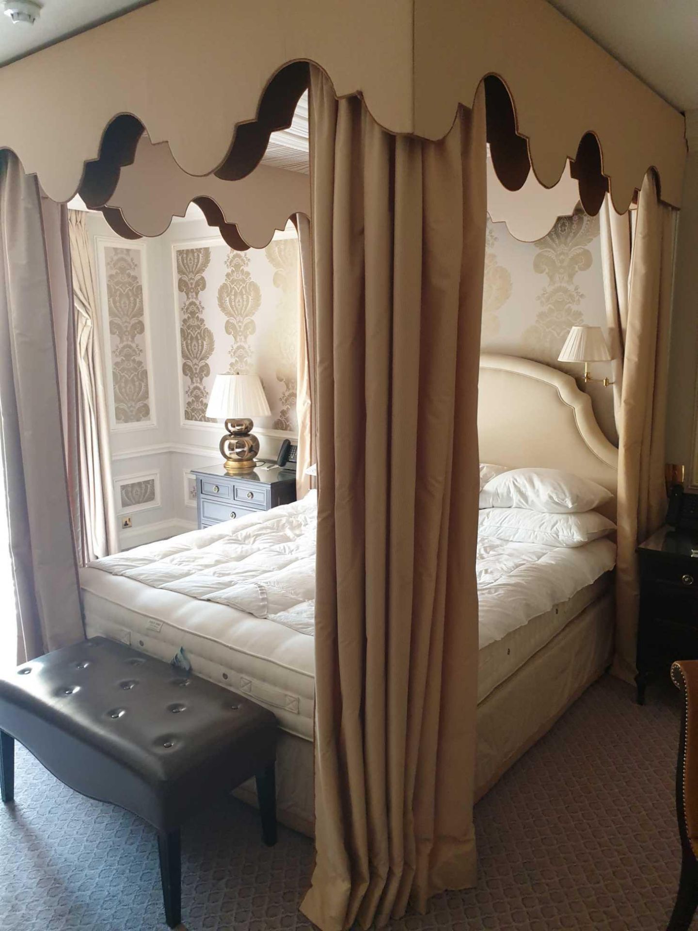 Bed Canopy Cream And Brown Floating Pelmet And Cream Headboard Silk Curtains Fully Lined Outer