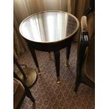 Circular Side Table With Antiqued Plate Top And Brass Trim Mounted On Tapering Legs With Brass