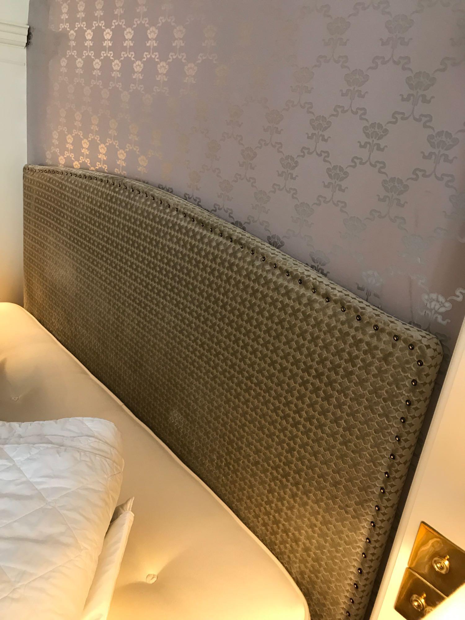 Headboard, Handcrafted With Nail Trim And Padded Textured Woven Upholstery (Room 431) - Image 2 of 2