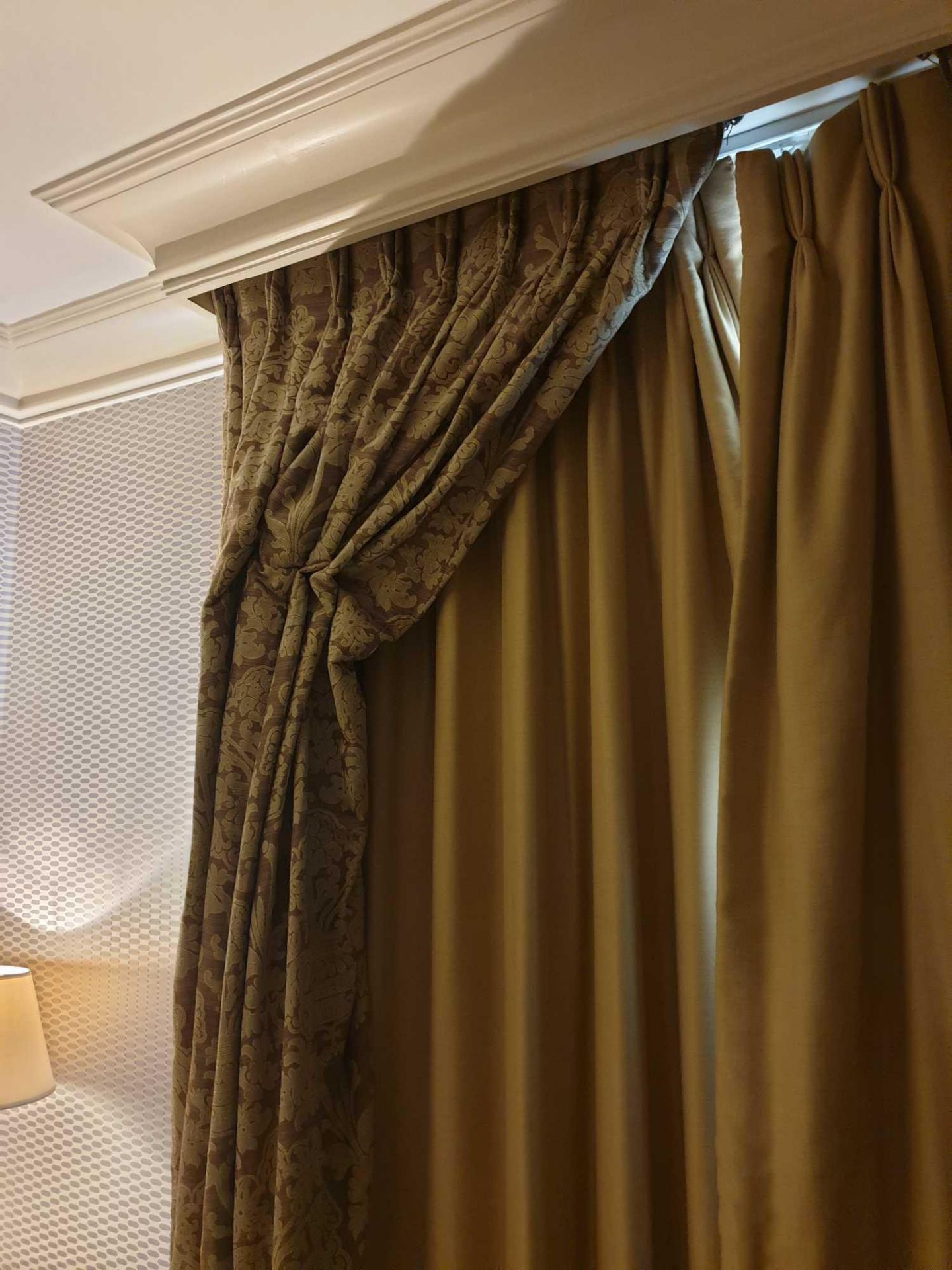 A Pair Of Silk Drapes And Jabots Two-Tone Gold Floral 210 x 270cm (Room 316)