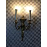Pair Of English Georgian Style Brass 2 Arm Wall Sconces With Vasiform Backplate (Room 435)