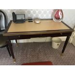 Writing Desk With Tooled Leather Inlay Faux Central Drawer Flanked By Single Drawer And Flap