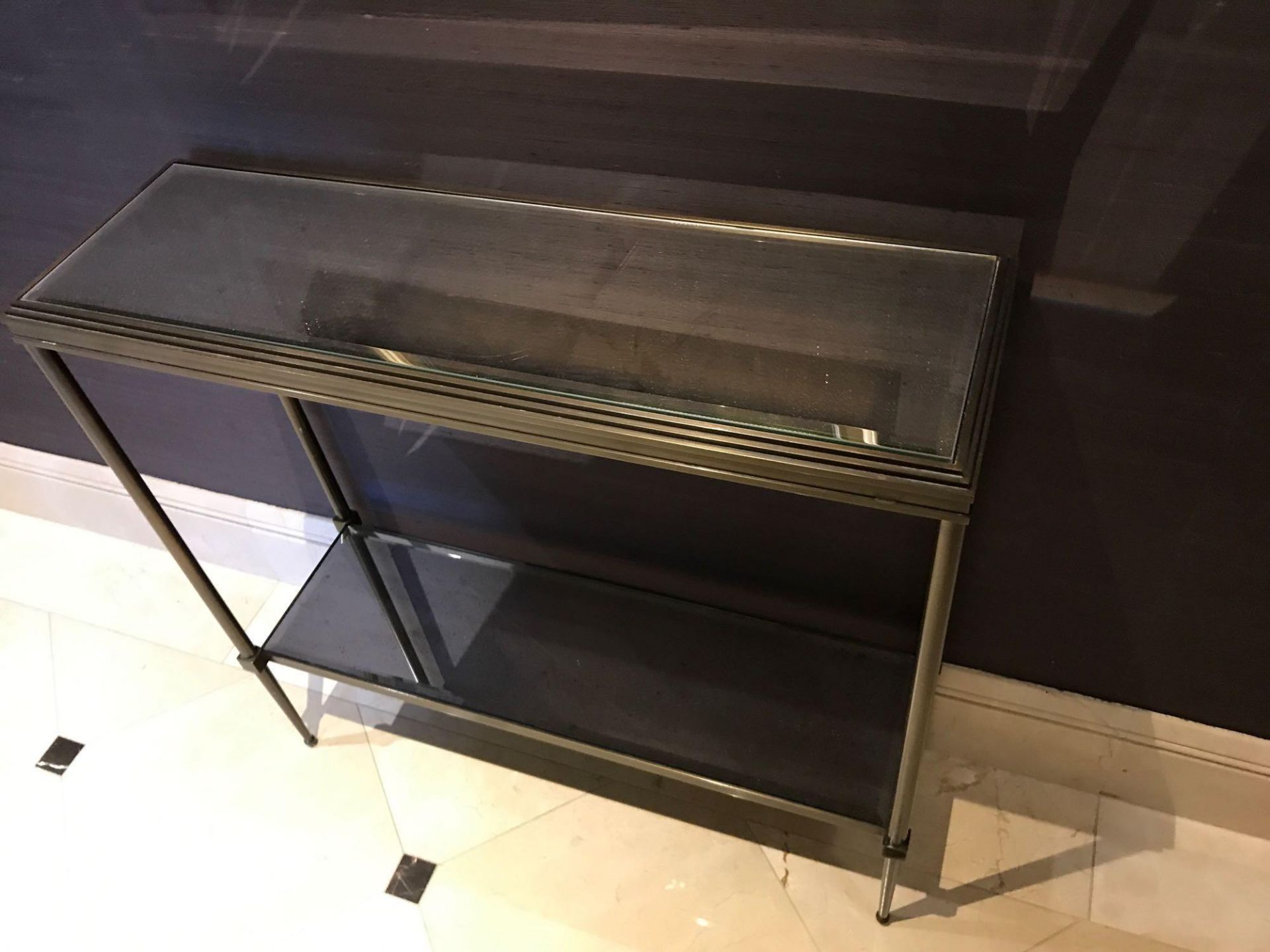 A Forged Metal Two Tier Console Table With Glass Shelves 88 x 24 x 74cm (Room 440)