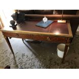 Writing Desk High Gloss Ebony Wood With Tooled Leather Inlay Faux Central Drawer Flanked By Single