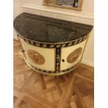 Adam Style Demilune Commode Cabinet With Classical Painted Scenes And Gilded Decoration With