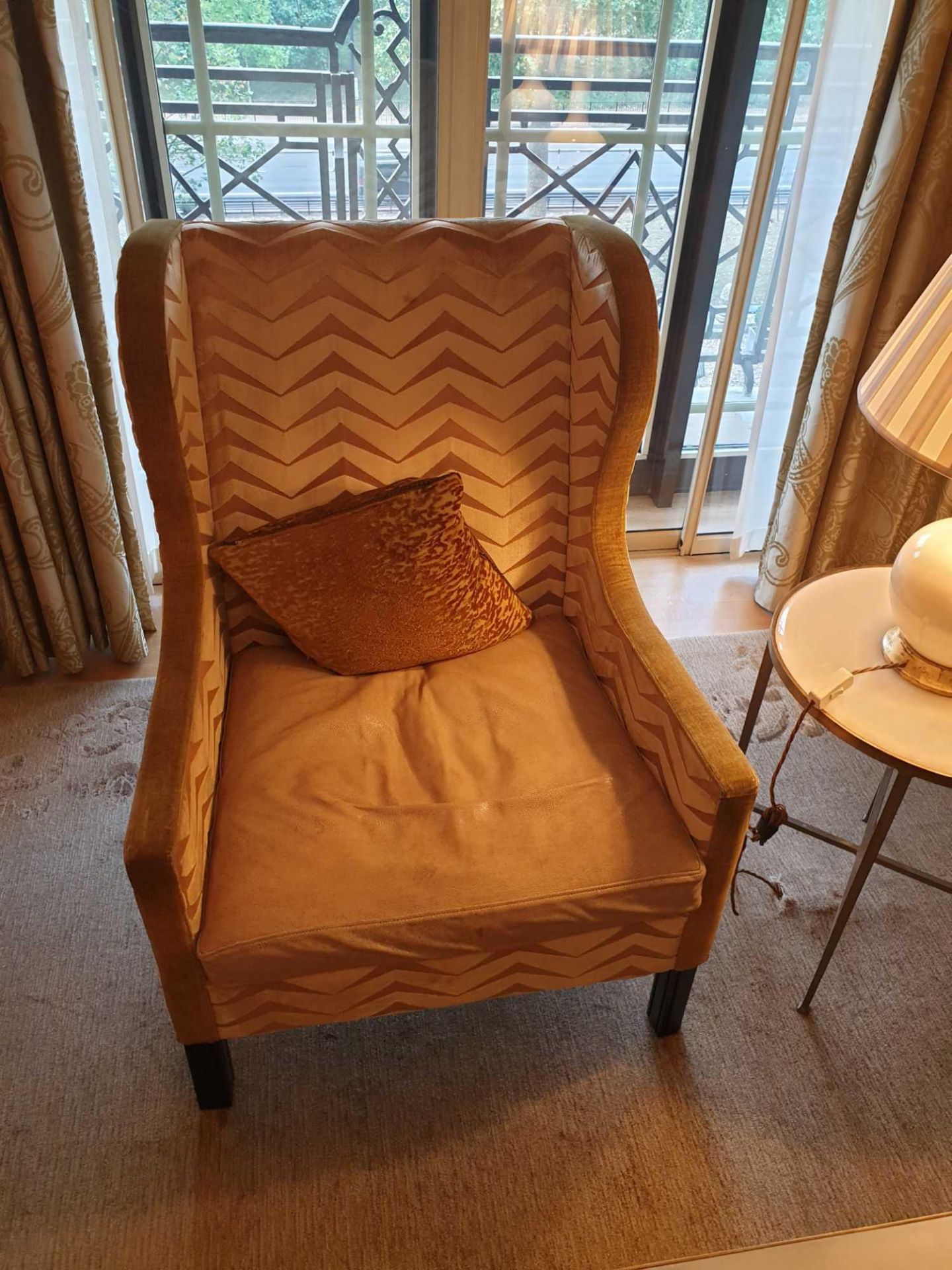 A Wingback Chair With Gold Chevron Fabric 78 x 62 x 106cm (Room 310 & 311)