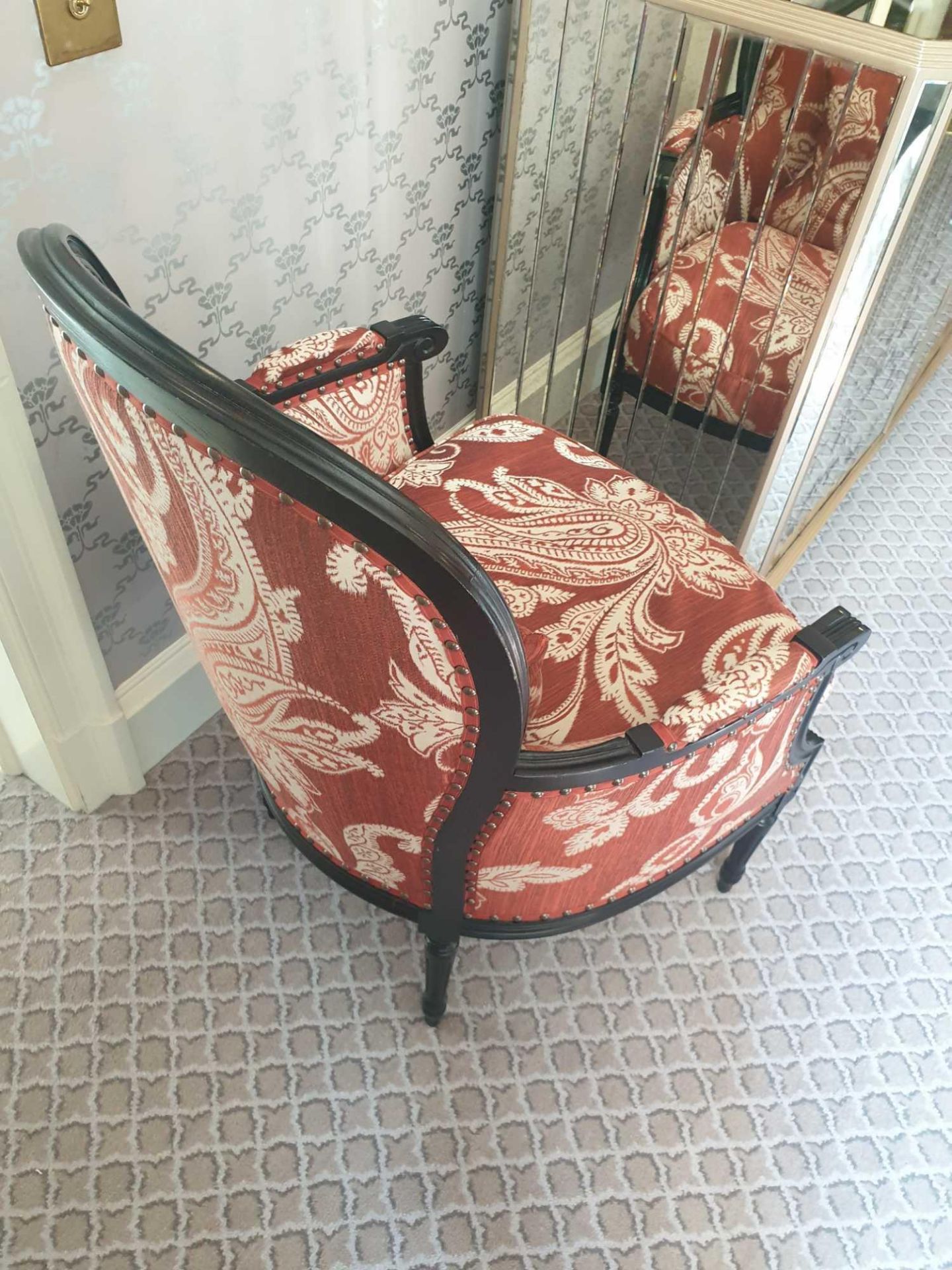 A Pair Of Bergere Chairs Black Wood Frame Upholstered In A Rust Red And Cream Damask Pattern With - Image 3 of 4