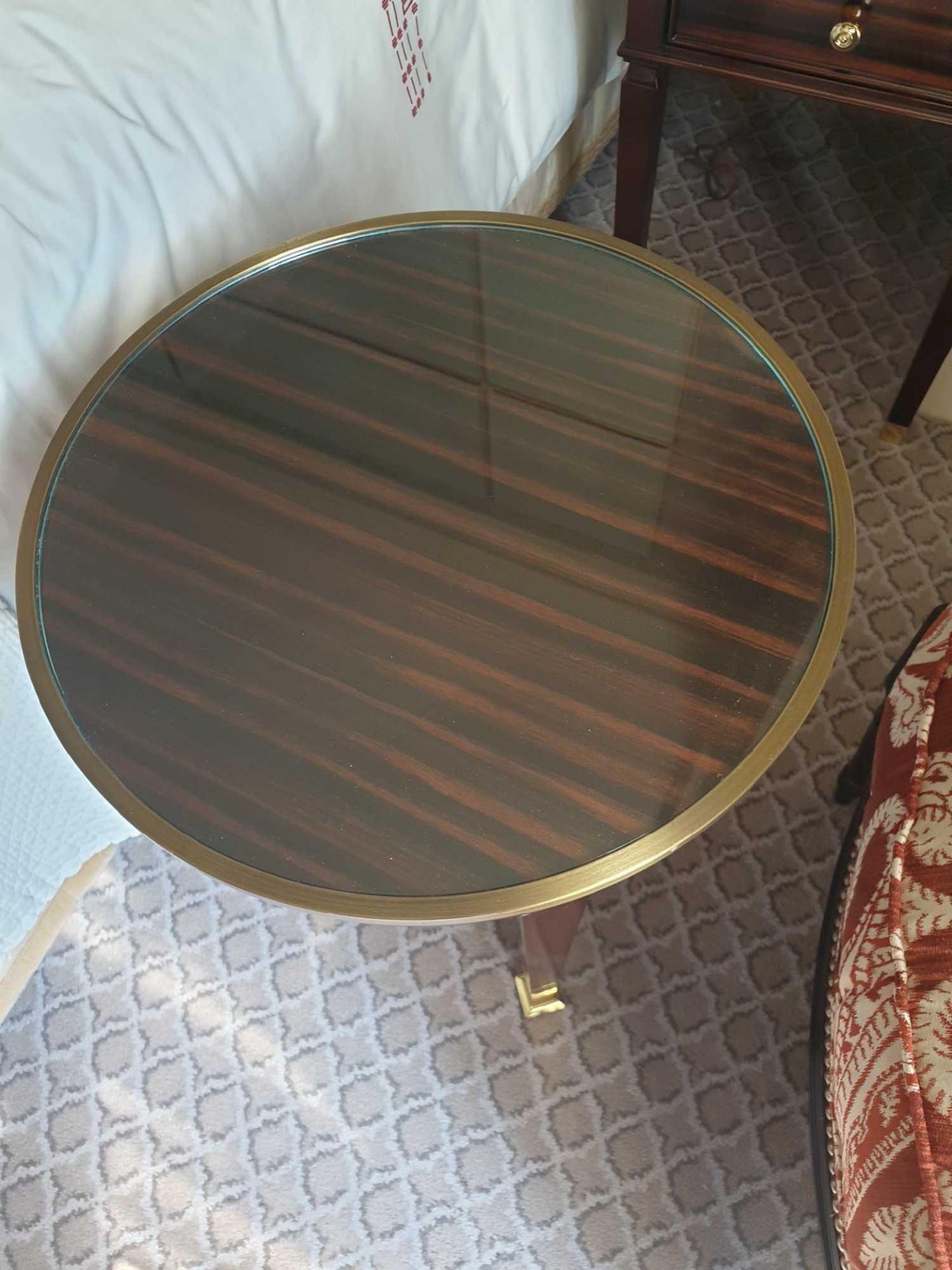 Circular Side Table With Antiqued Plate Top And Brass Trim Mounted On Tapering Legs With Brass - Image 2 of 3