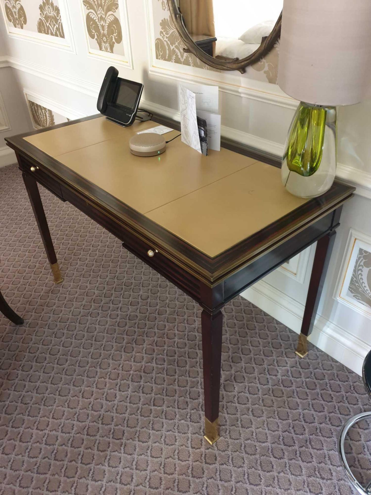 Writing Desk High Gloss Ebony Wood With Tooled Leather Inlay Faux Central Drawer Flanked By Single