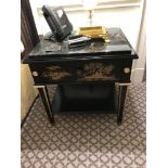 A Pair Of Marble Top Chinoiserie Black Lacquer Nightstands With Single Drawer With Hand Painted