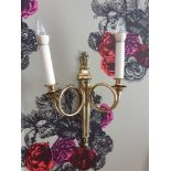 A Pair Of Dore Bronze Dore Twin Arm Wall Sconces, The Scrolling Arms With Trumpet Bobeche Drip