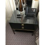 A Pair Of Night Stands Two Drawer With Bronzed Handle Pulls And Protective Glass Top 50 x 50 x