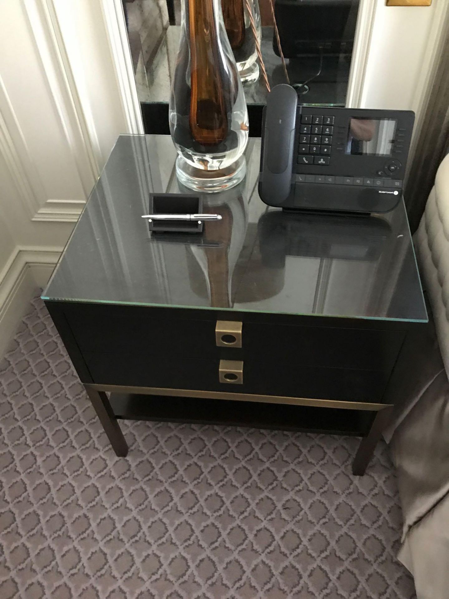 A Pair Of Night Stands Two Drawer With Bronzed Handle Pulls And Protective Glass Top 50 x 50 x