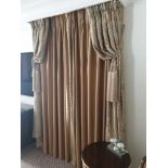 A Pair Of Gold Silk Drapes With Crystal Bead Trim And Jabots With Tie Backs Span 150 x 260cm (Room