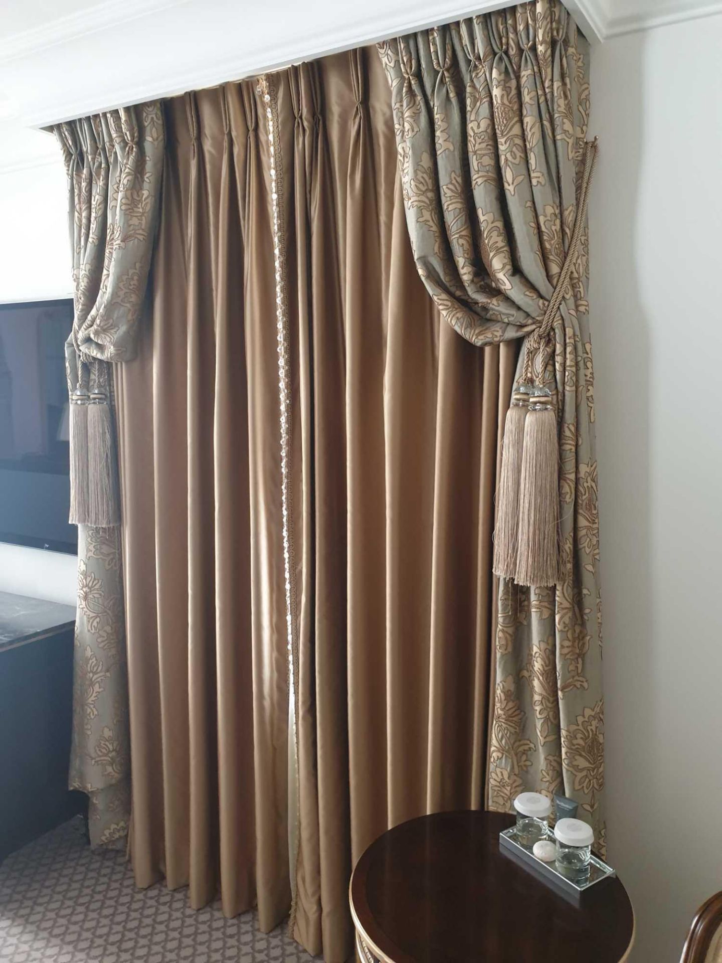 A Pair Of Gold Silk Drapes With Crystal Bead Trim And Jabots With Tie Backs Span 150 x 260cm (Room