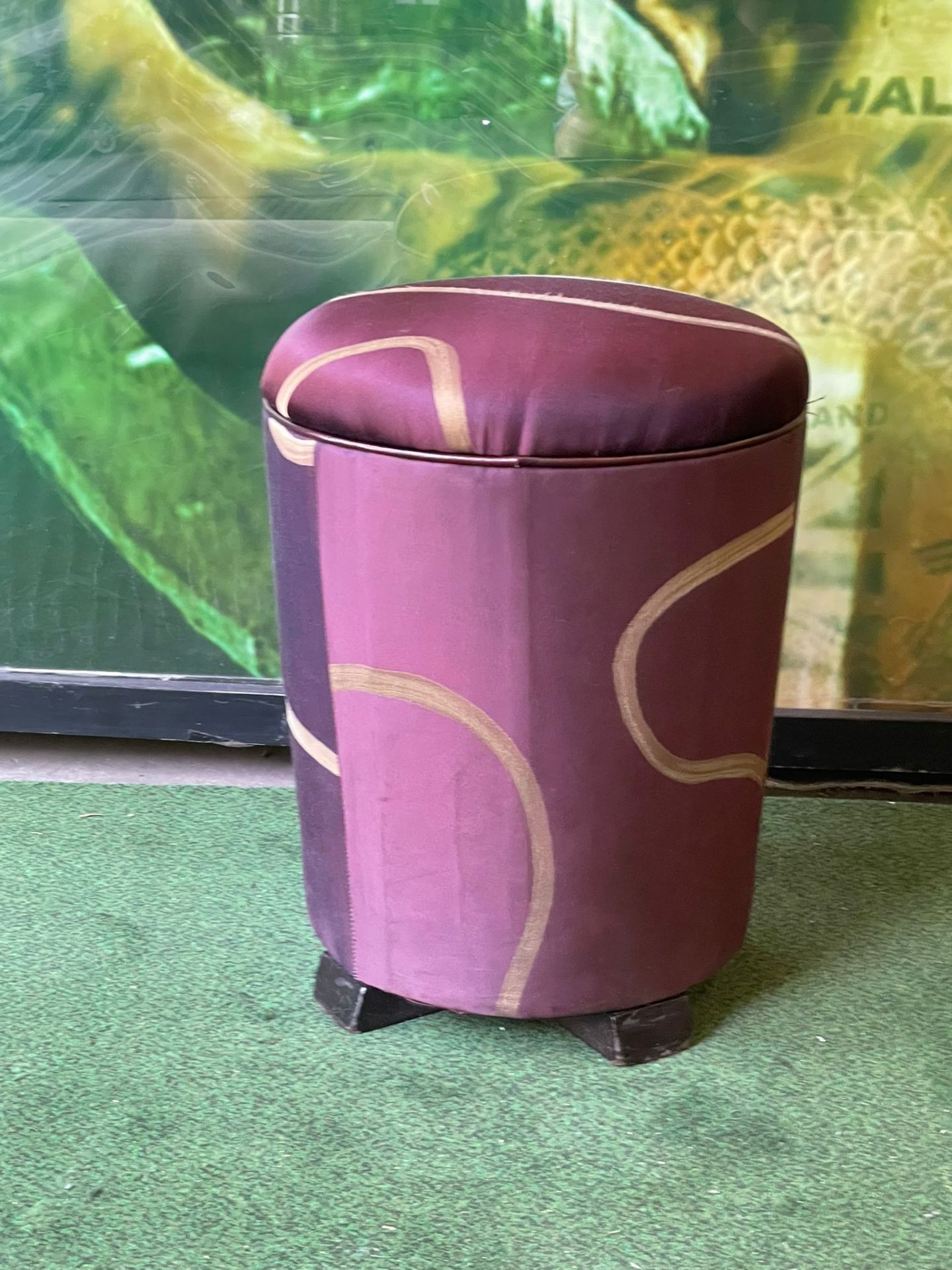 A circular mauve upholstered with pattern swirl bar stool 38cm x 45cm