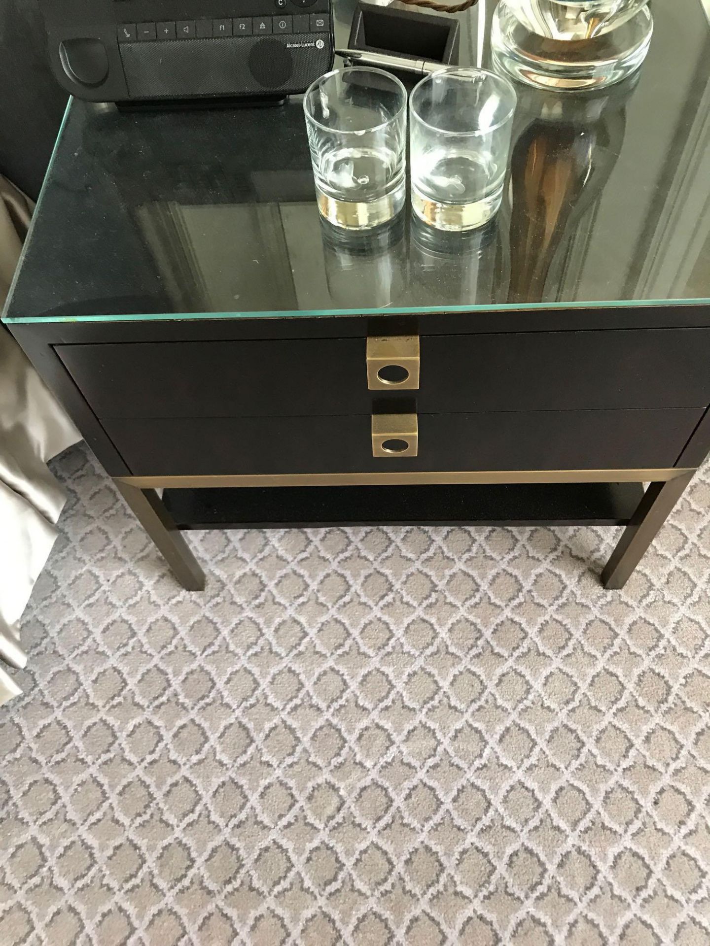 A Pair Of Night Stands Two Drawer With Bronzed Handle Pulls And Protective Glass Top 50 x 50 x - Image 2 of 2