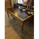 Writing Desk High Gloss Ebony Wood With Tooled Leather Inlay Faux Central Drawer Flanked By Single