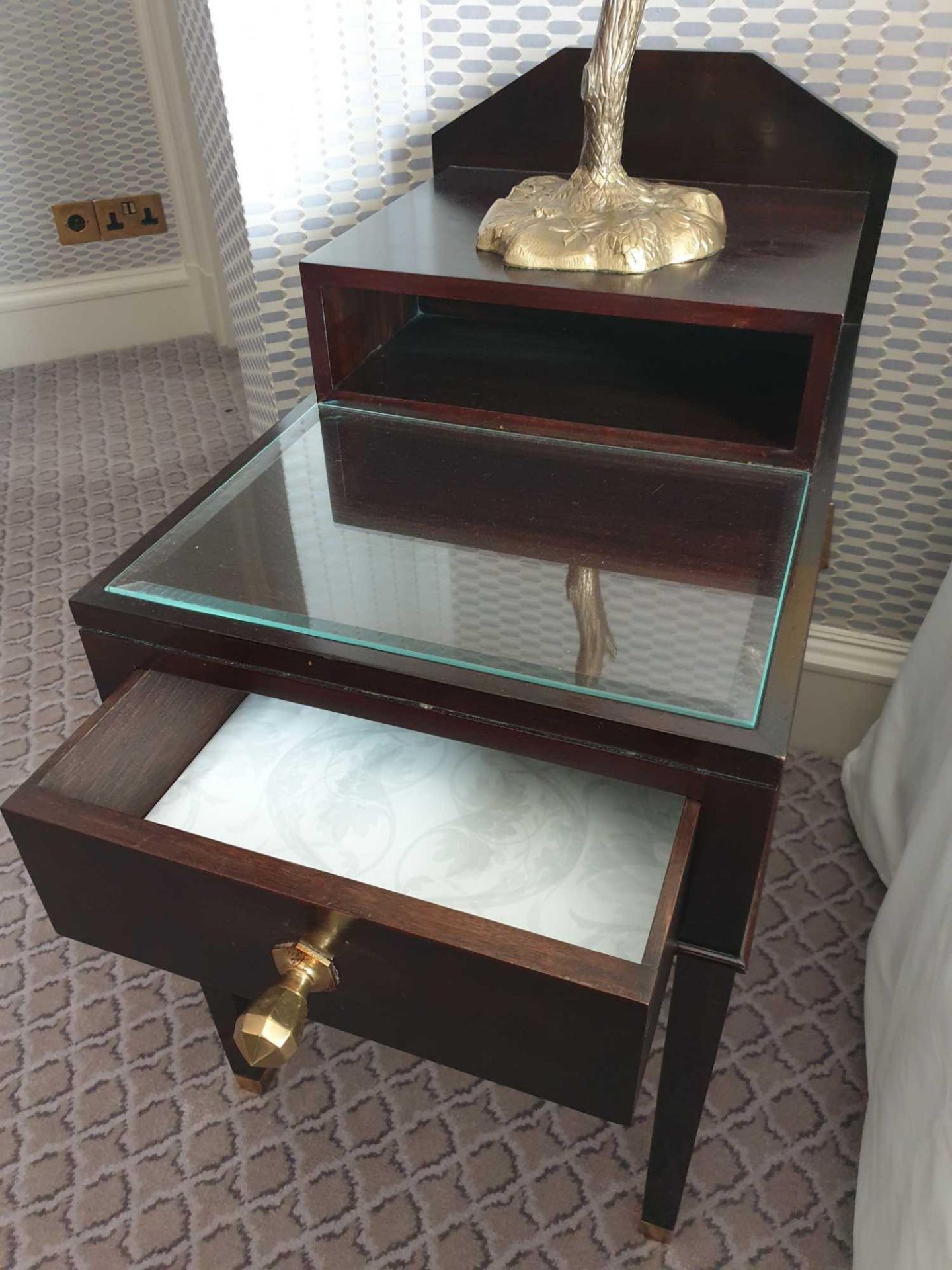 A Pair Of Two Tier Bedside Nightstands With Antiqued Plate Top With Storage Compartments Mounted - Image 3 of 3