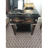 A Pair Of Marble Top Chinoiserie Black Lacquer Nightstands With Single Drawer With Hand Painted