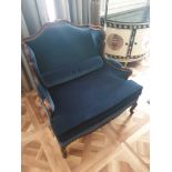 Louis XV Style Loveseat Mahogany Carved With Floral Patina And Cabriole Legs Blue Upholstered 100