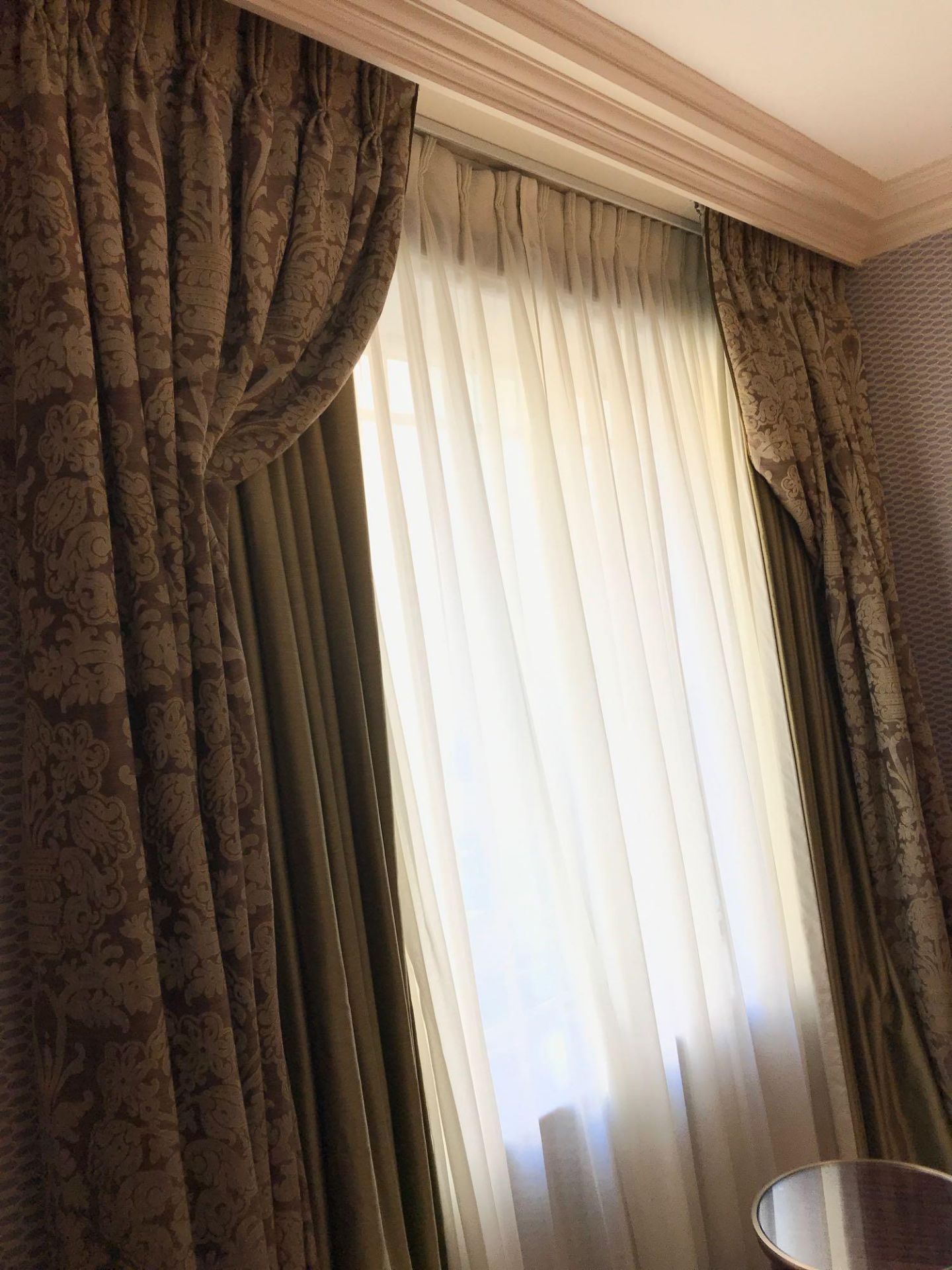 A Pair Of Silk Drapes And Jabots With Tie Backs Span 255 x 255cm (Room 422)