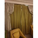 A Pair Of Green Silk Drapes And Jabots With Tie Backs Span 230 x 280cm (Room 338) (This lot is