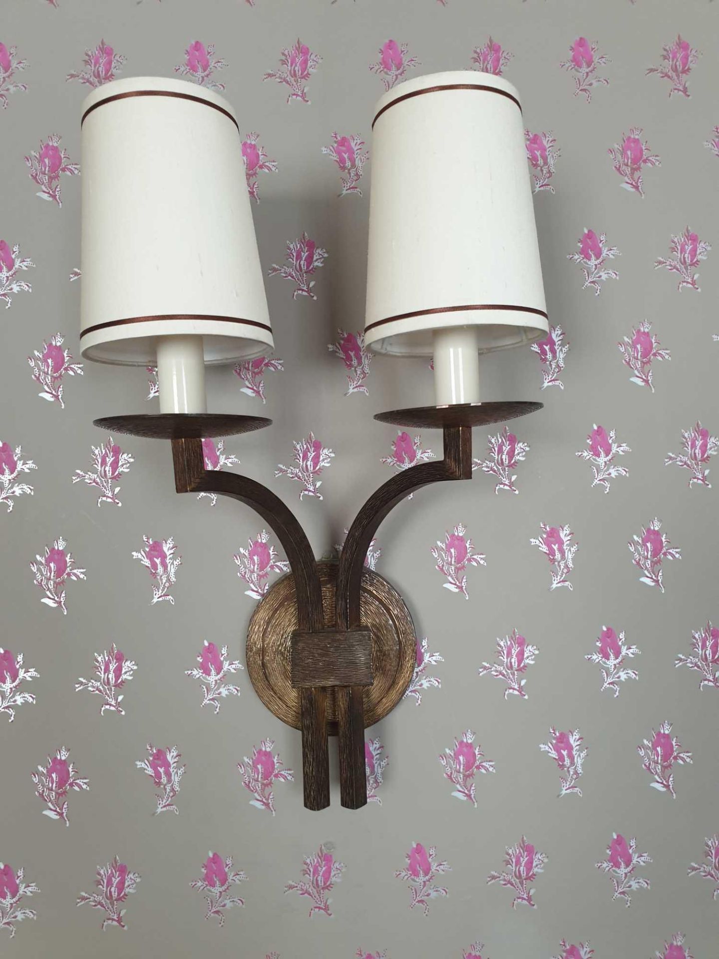 A Pair Of Dernierand Hamlyntwin Arm Antique Bronzed Wall Sconces With Shade 51cm (Room 308)