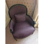 A Pair Of Bergere Chair Black Wood Frame Upholstered In A Dark Mauve Pattern With Stud Pin Detail 66