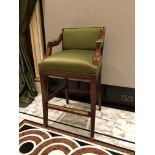 Neoclassic style mahogany tall bar stool, with a Lelievre Paris Olive Green upholstered padded