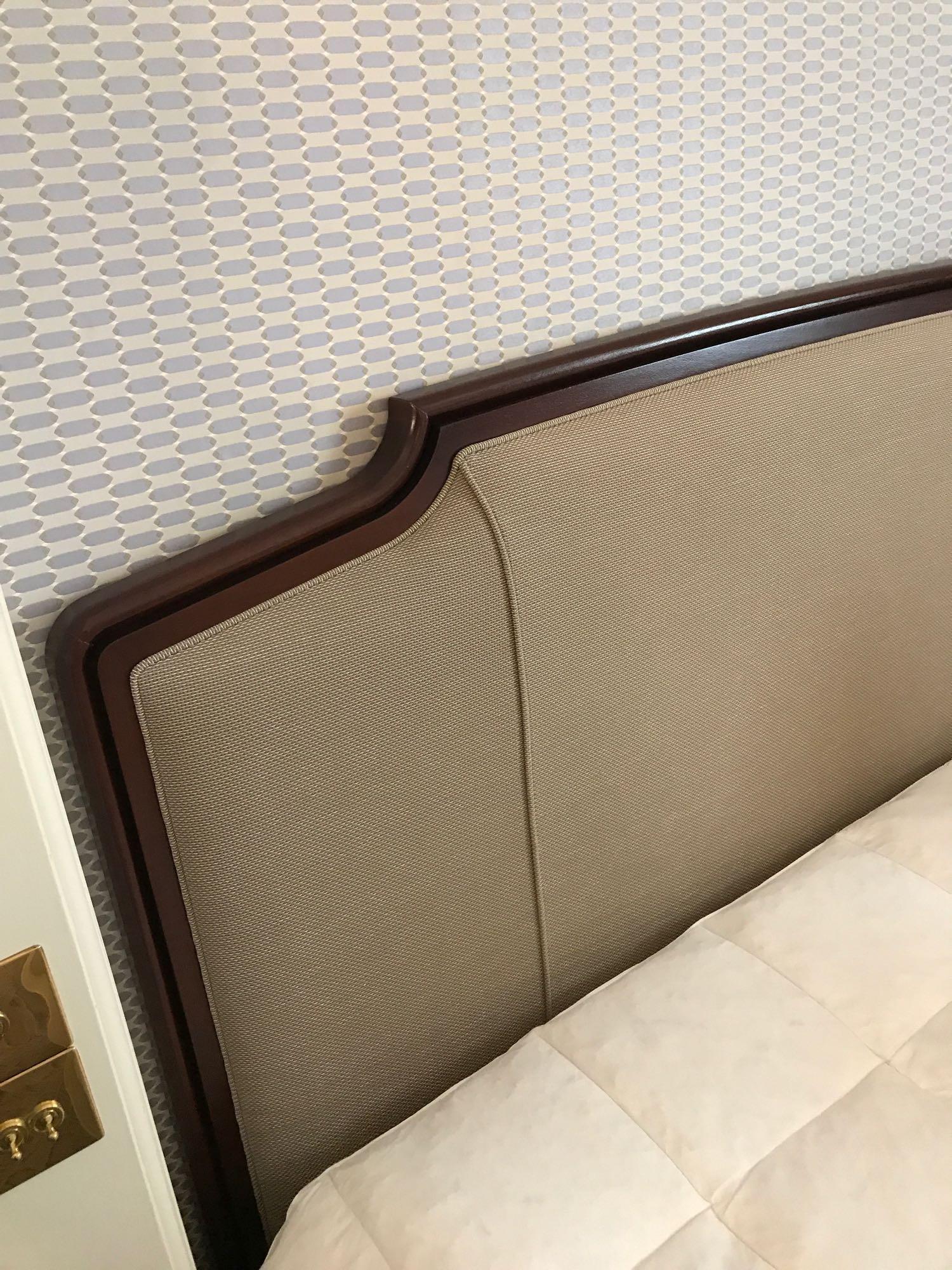 Headboard, Handcrafted With Nail Trim And Padded Textured Woven Upholstery (Room 422) - Image 3 of 3