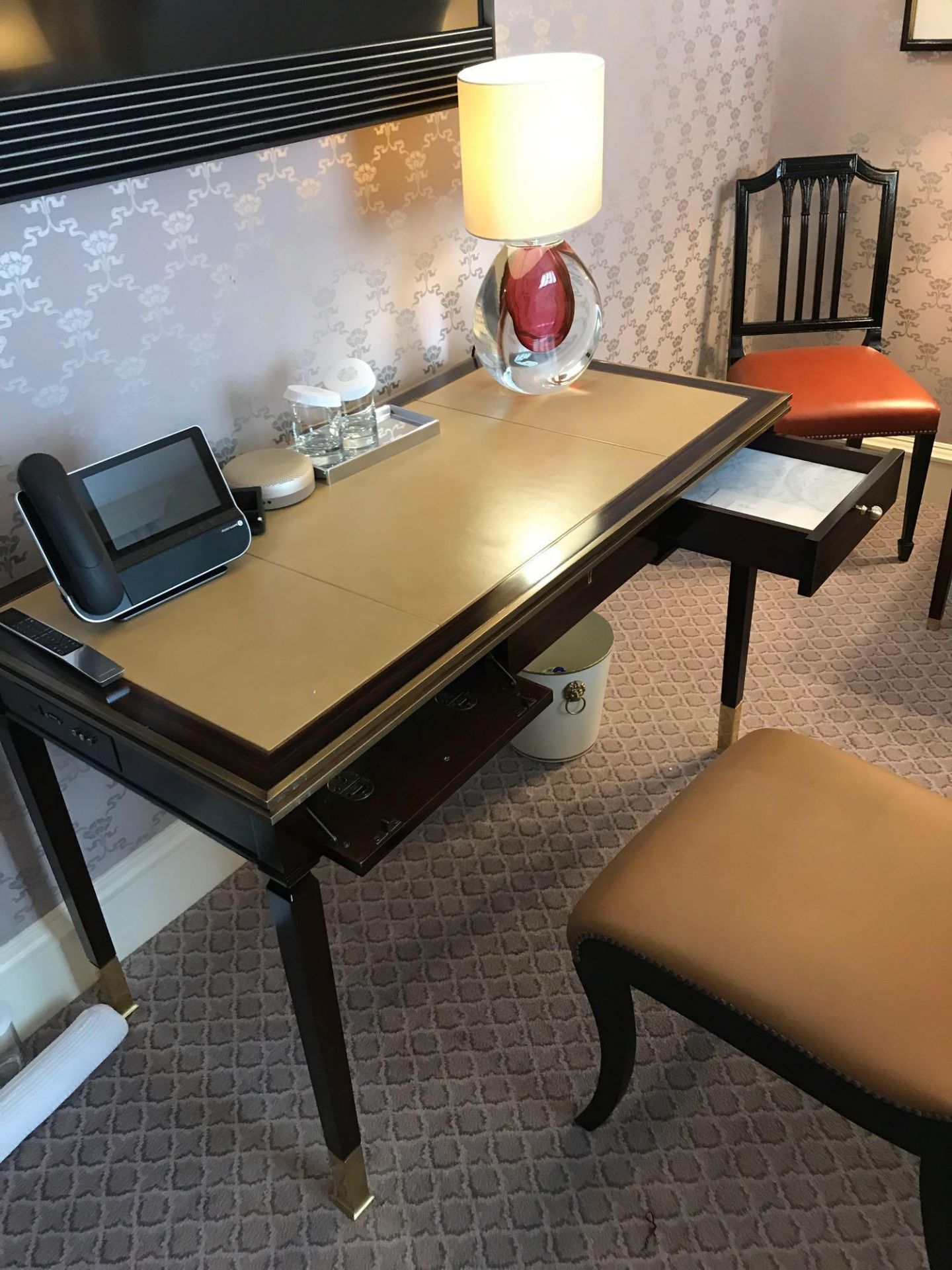 Writing Desk With Tooled Leather Inlay Faux Central Drawer Flanked By Single Drawer And Flap - Image 2 of 2