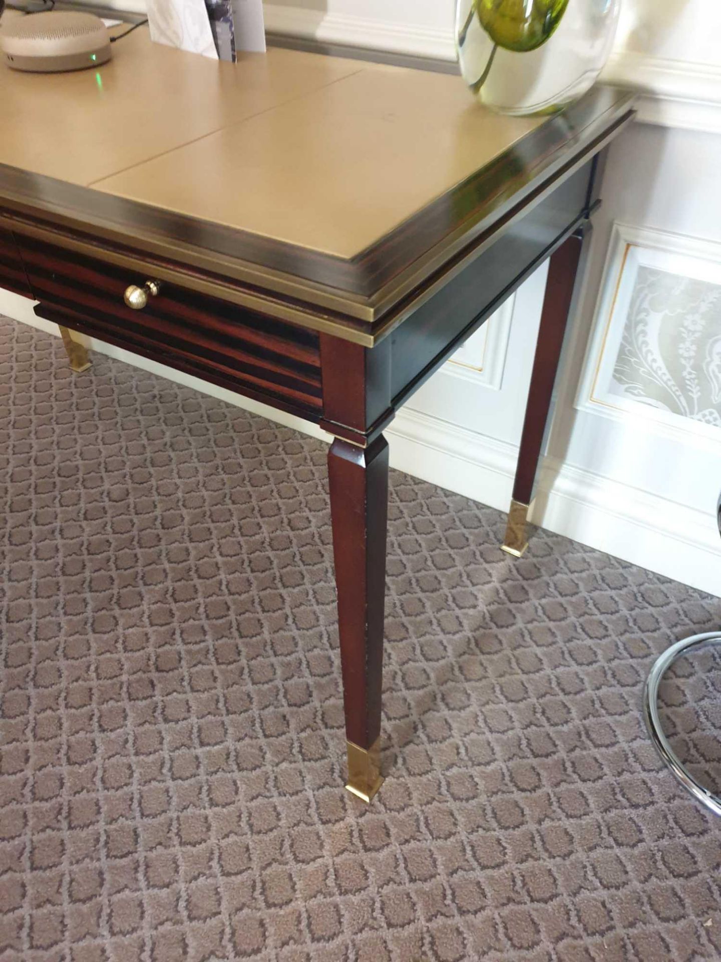 Writing Desk High Gloss Ebony Wood With Tooled Leather Inlay Faux Central Drawer Flanked By Single - Image 2 of 2