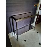 A Forged Metal Two Tier Console Table With Glass Shelves 88 x 24 x 74cm (Room 414)